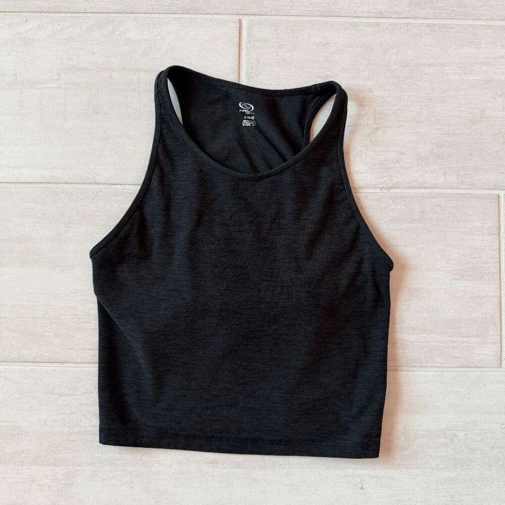 Athletic Works Cropped Tank Racerback Black Built-In Bra Support Small (4-6)